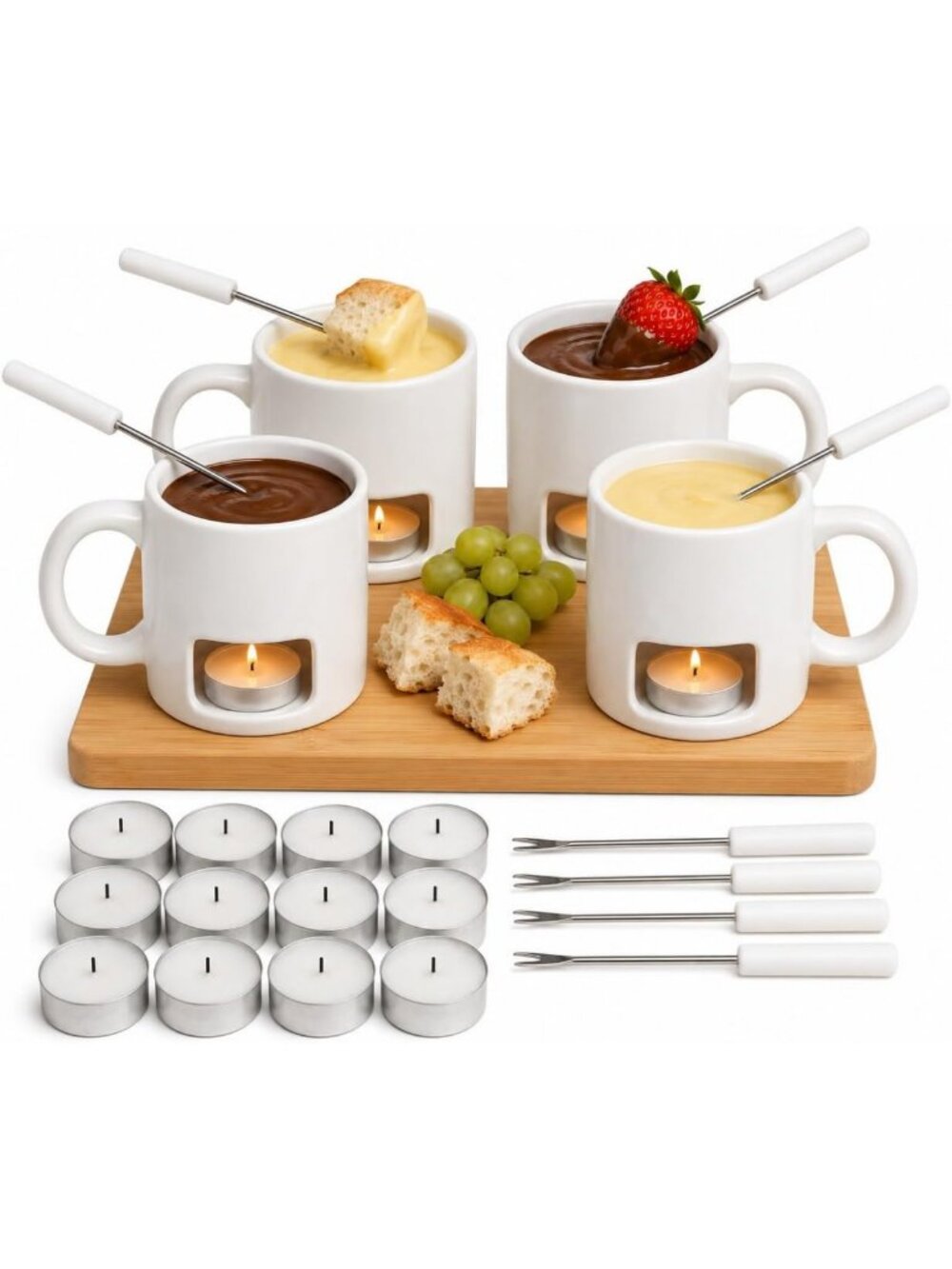 Ceramic Fondue Set - 4 Cheese Mugs, 8 Forks & 16 Candles - Perfect for Parties!